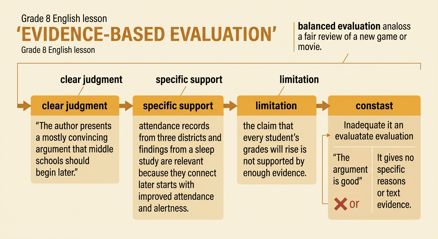 An evaluation frame combines a clear judgment, specific support, and a limitation into one balanced response.