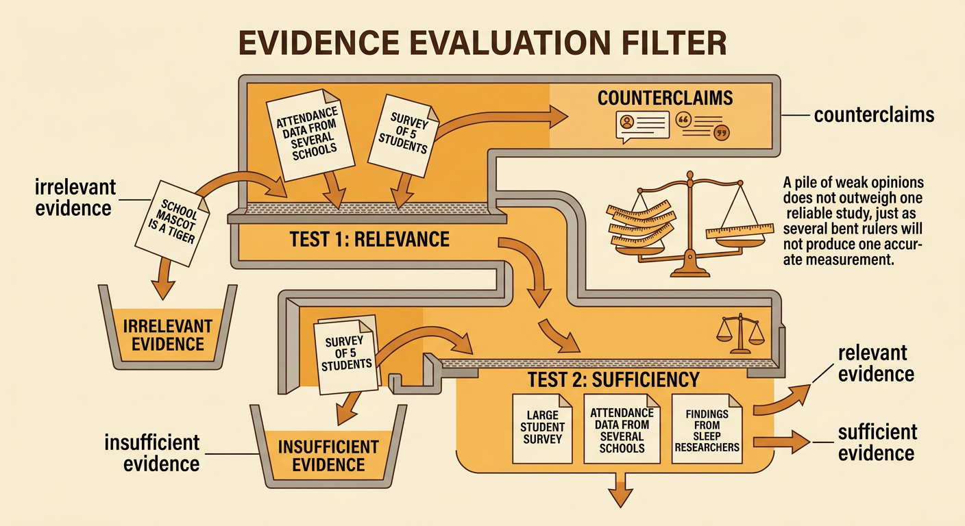 A balance scale sorts school-start evidence by whether it is relevant, irrelevant, sufficient, or insufficient.