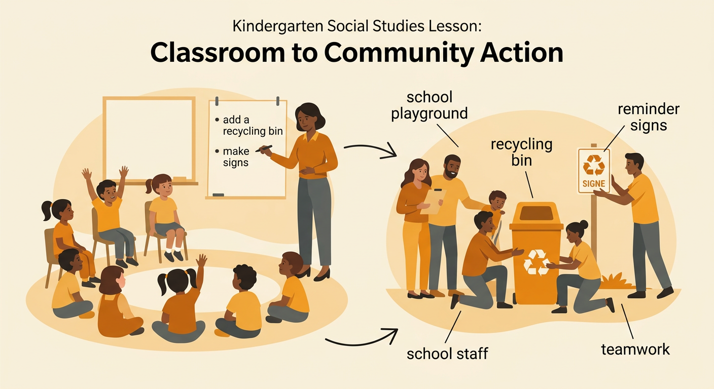Children, a teacher, school staff, and families work together to add a recycling bin and reminder signs to a school playground.