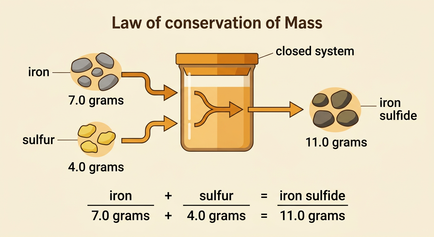 A sealed container diagram shows 7.0 grams of iron plus 4.0 grams of sulfur producing 11.0 grams of iron sulfide.