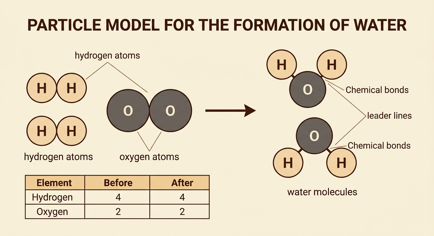 A particle model shows four hydrogen atoms and two oxygen atoms rearranging from hydrogen and oxygen molecules into two water molecules.