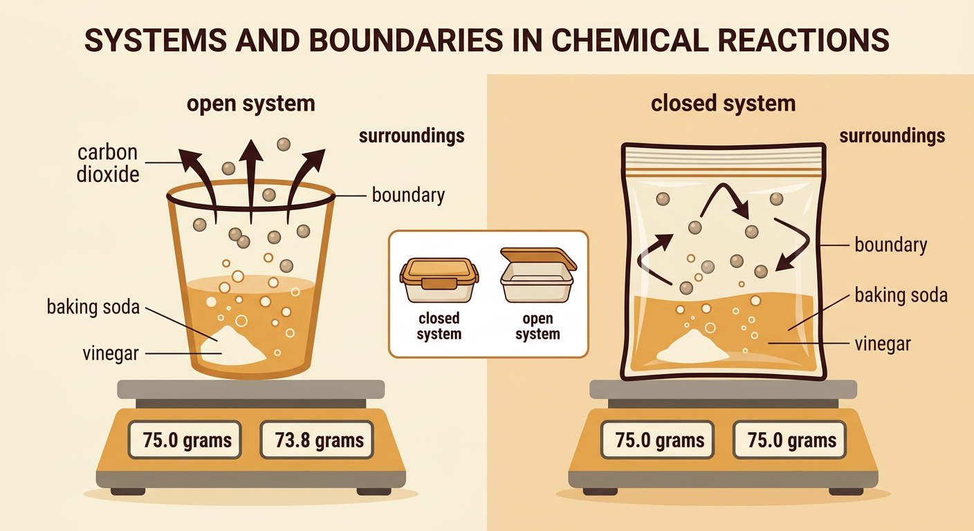 An open cup loses carbon dioxide to the surroundings while a closed bag keeps the gas inside, with scale readings shown below each setup.