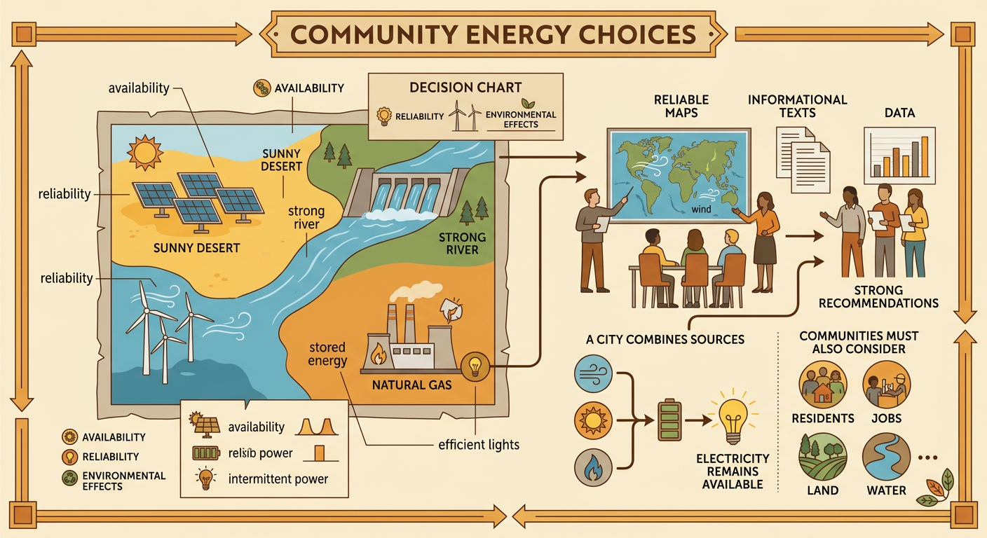 A community decision map compares solar power in a sunny desert, hydroelectric power by a strong river, and wind power in a windy area.