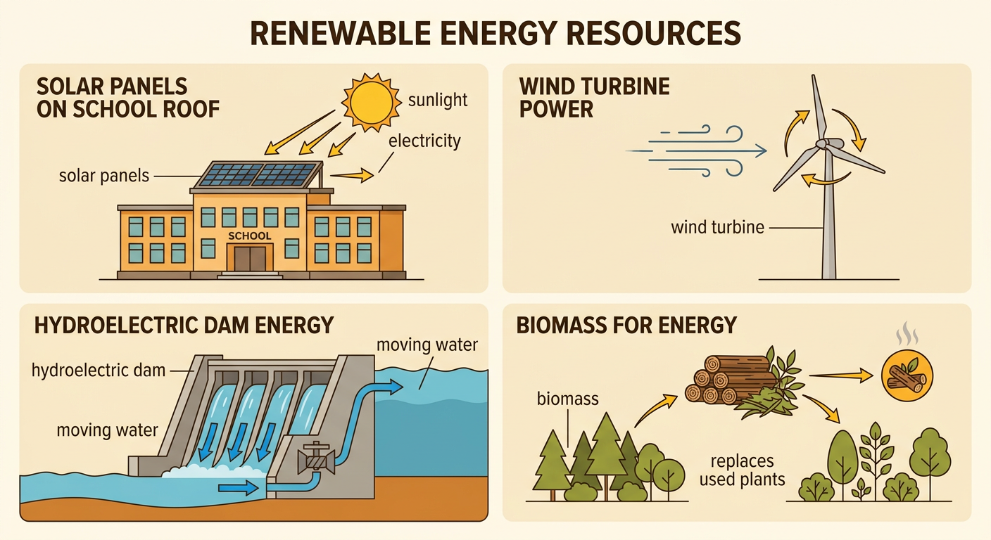A school uses solar panels while a wind turbine and hydroelectric dam produce electricity nearby.