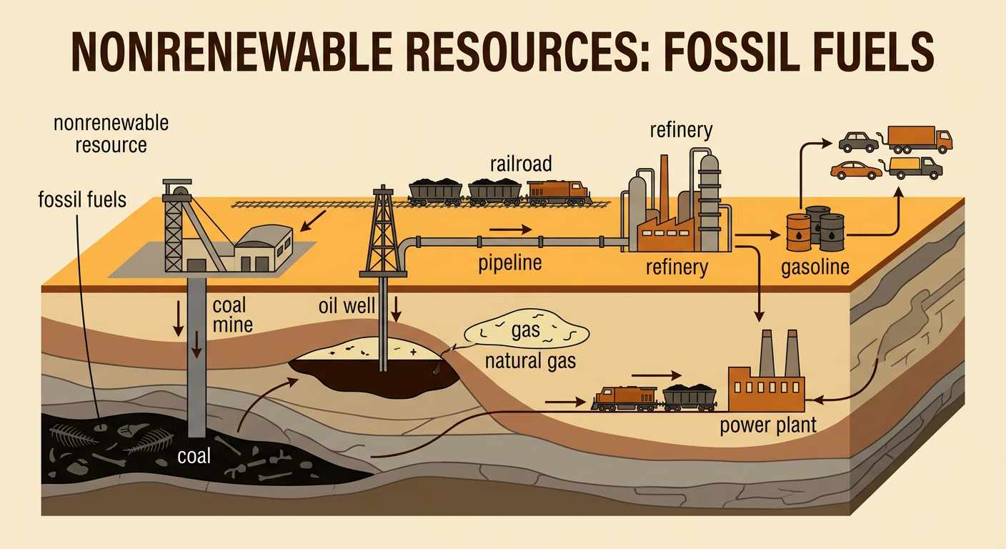 A coal mine and oil well connect by railroad and pipeline to a power plant and a road with vehicles.