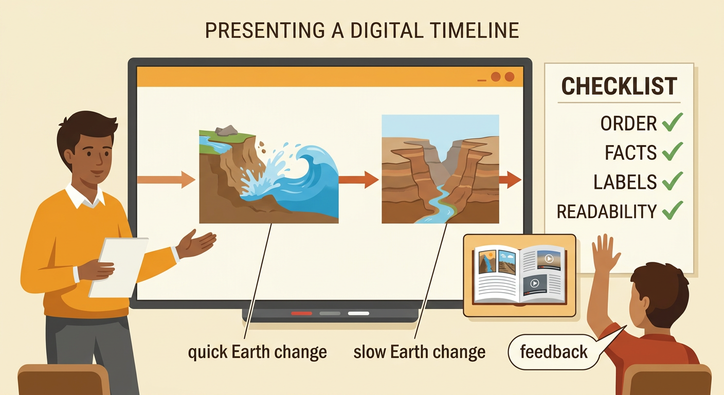 A completed digital timeline compares a flood and a canyon while a classmate offers helpful feedback.
