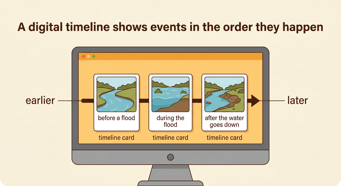 A digital timeline shows three riverbank cards arranged from earlier on the left to later on the right.