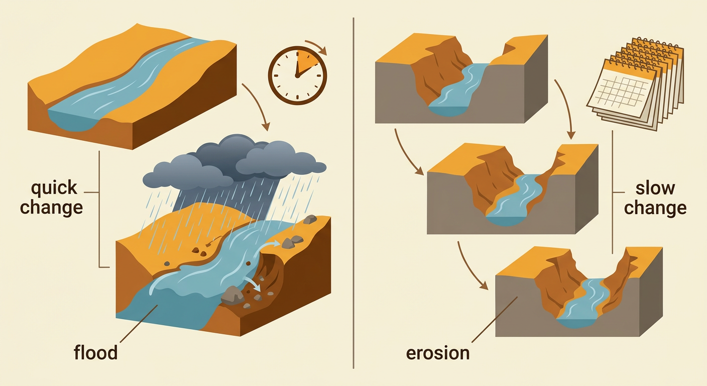 A split picture compares a fast flood moving soil with slow erosion deepening a canyon over many years.