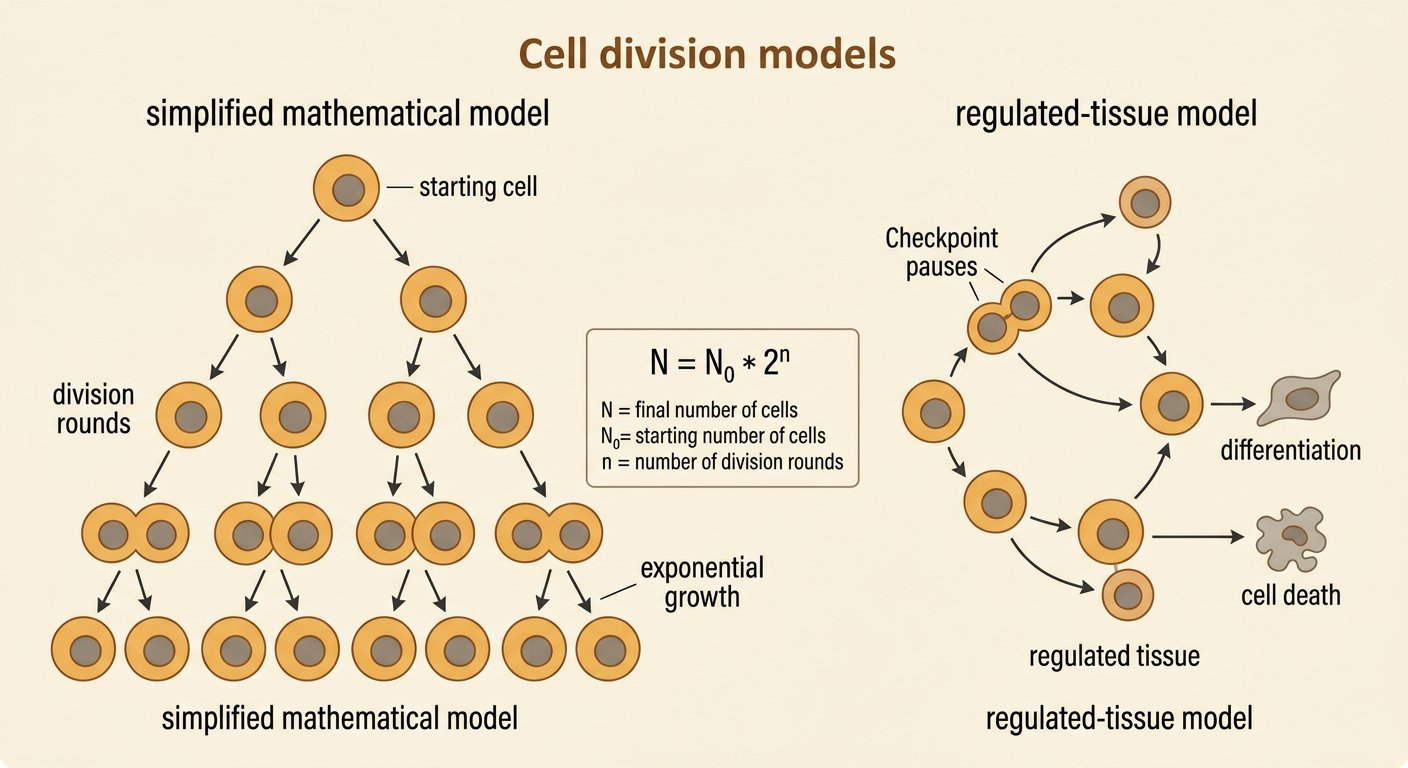 A branching cell model grows from one cell to eight cells and continues into a steep exponential-growth curve.