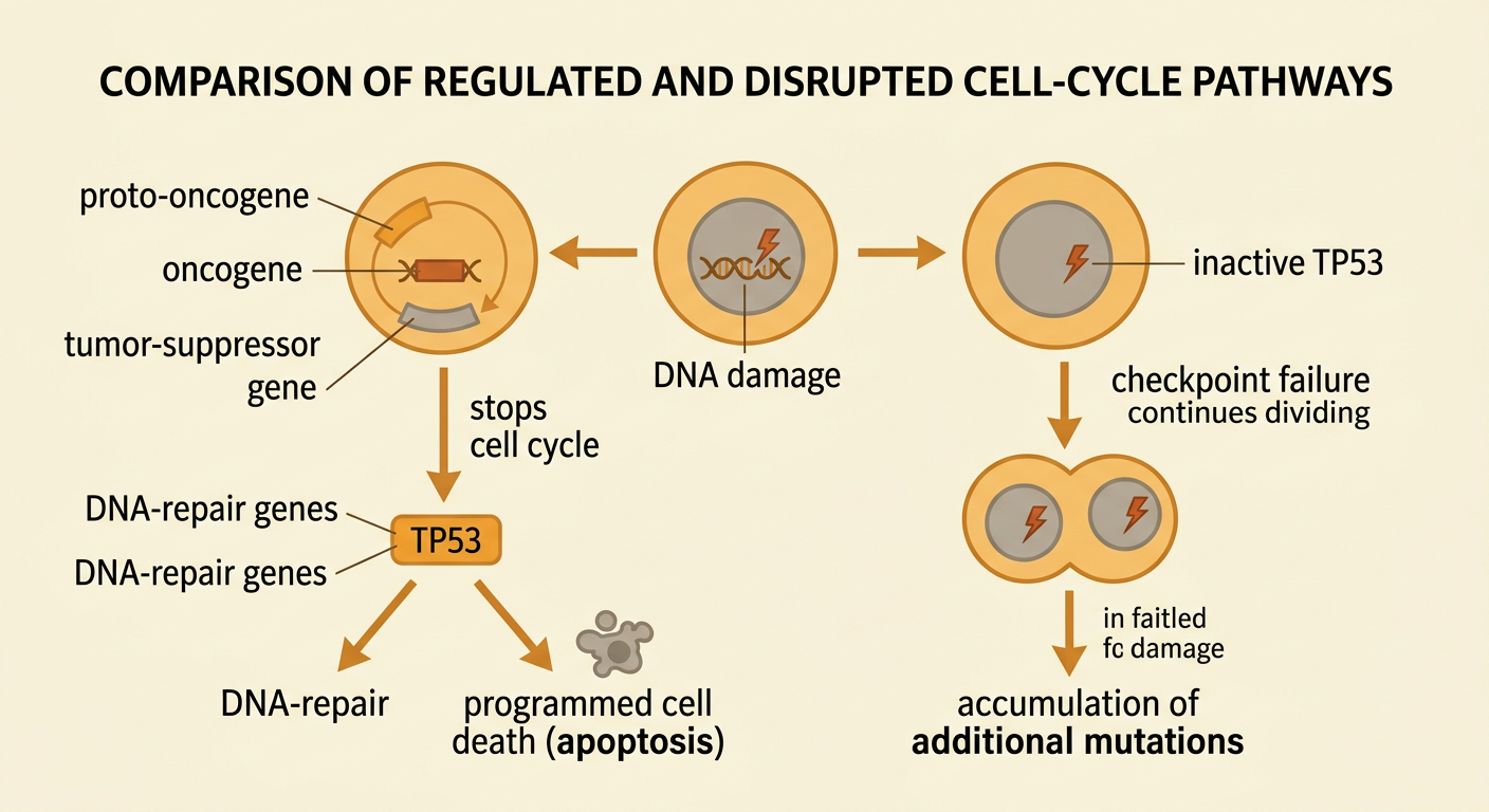A gene-control diagram compares a normal accelerator and brake with mutated controls that permit a damaged cell to divide.