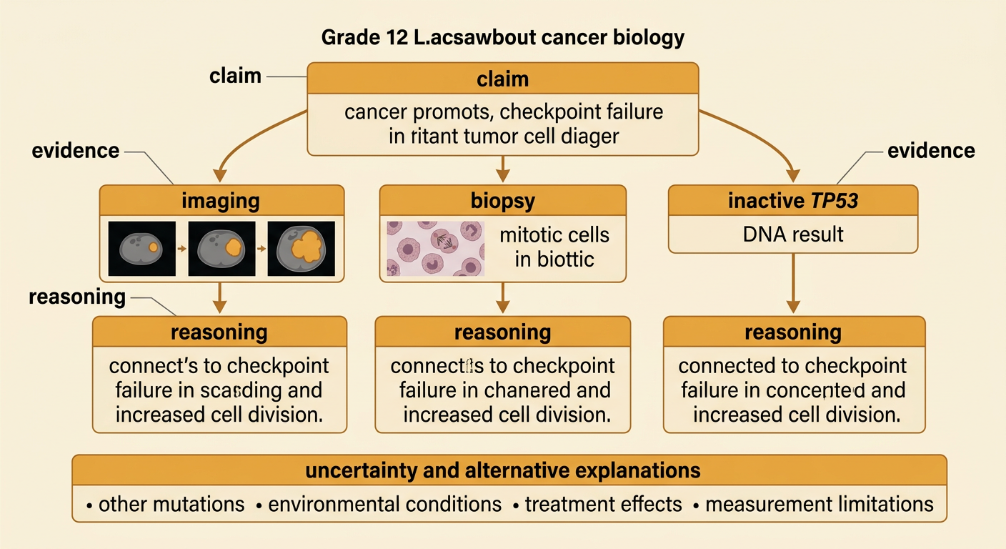 A patient-evidence diagram connects growing medical images, dividing biopsy cells, and inactive TP53 to a carefully qualified claim.