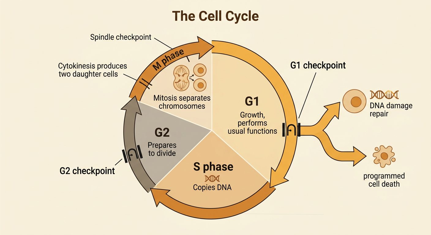 A circular cell-cycle diagram shows the four stages, an inspection gate, DNA damage, repair, and programmed cell death.
