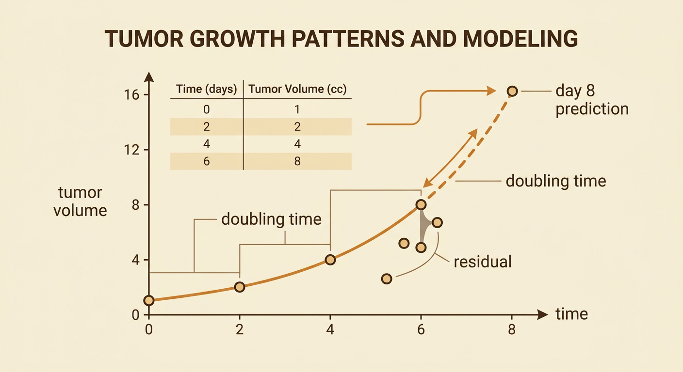 A tumor-growth scatterplot shows measured volumes, an exponential fitted curve, a day-eight prediction, and one residual.