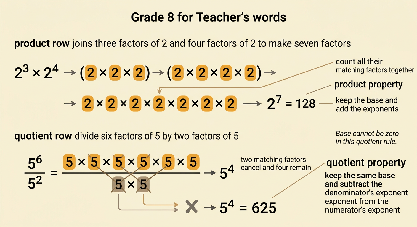 Matching-factor diagrams show the product property for 2^3 × 2^4 and the quotient property for 5^6 ÷ 5^2, with different bases shown as a nonexample.