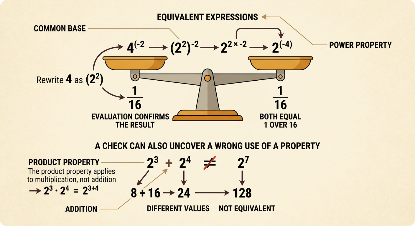 A comparison rewrites 4^-2 with a common base to match 2^-4 and contrasts that valid equivalence with the false addition claim 2^3 + 2^4 = 2^7.