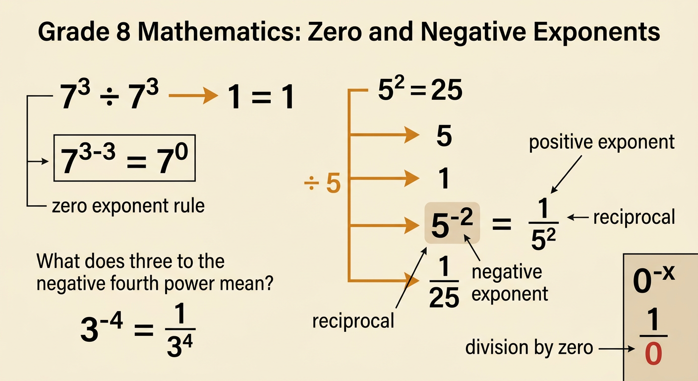 A fraction model derives the zero exponent rule from 7^3 ÷ 7^3 and shows 5^-2 becoming its reciprocal, 1/25.