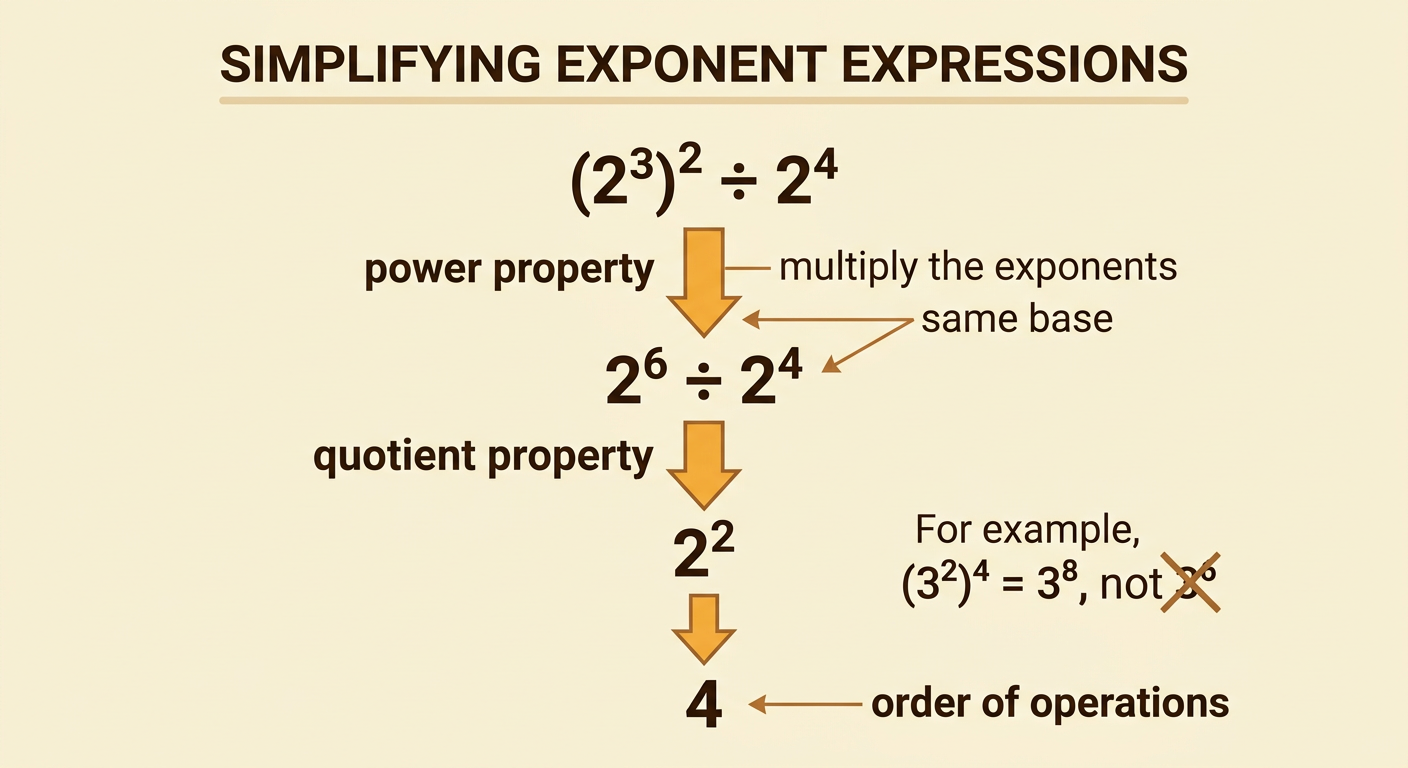 A step-by-step flow simplifies (2^3)^2 ÷ 2^4 to 2^6 ÷ 2^4, then 2^2, and finally 4.