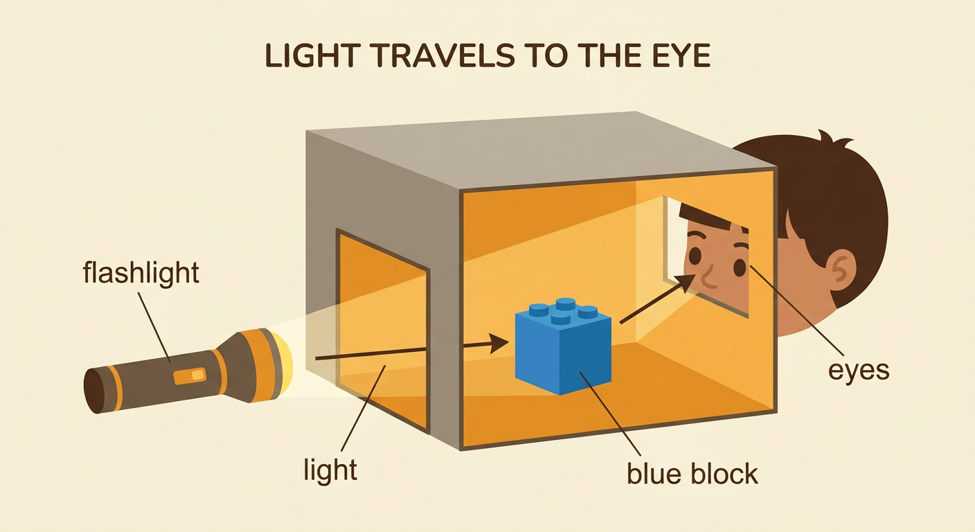 A flashlight shines into a box, revealing a blue block as light travels toward a child’s eyes.