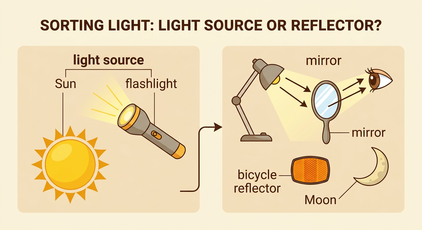One illustrated chart shows the Sun and a flashlight as light sources and a mirror, bicycle reflector, and Moon as reflectors.