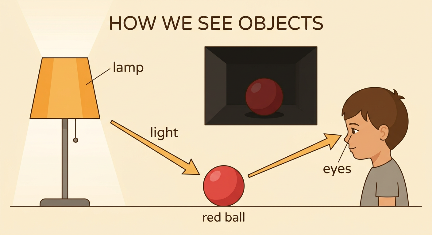 A lamp shines light onto a red ball, and arrows show the light traveling from the ball to a pair of eyes.
