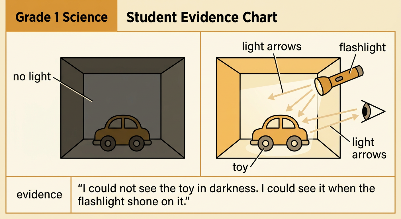 A two-part drawing shows an unseen toy with no light and the same toy visible under a flashlight with arrows tracing the light.