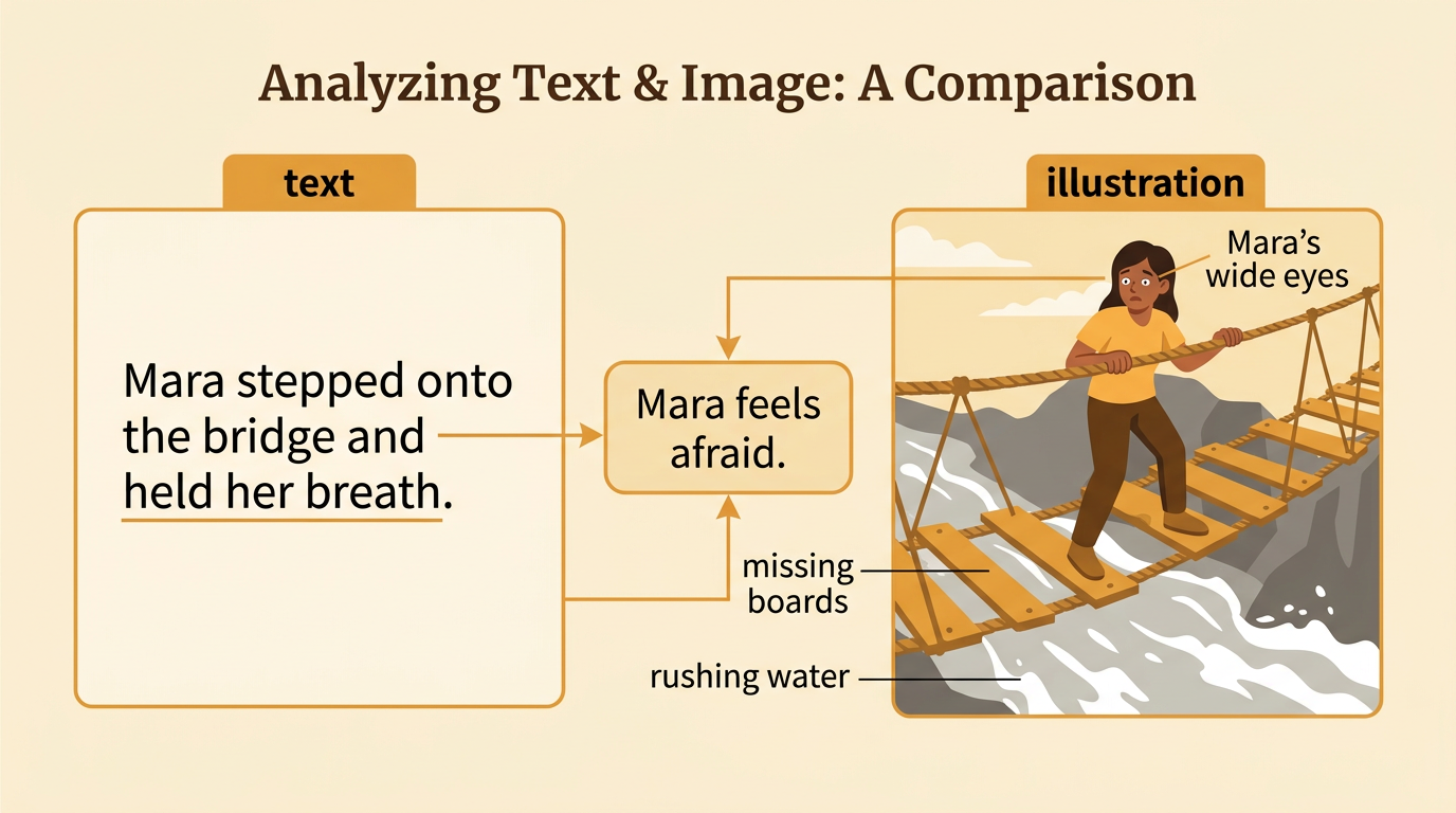 An illustrated story page pairs a sentence about Mara with a picture of her crossing a damaged bridge above fast water.