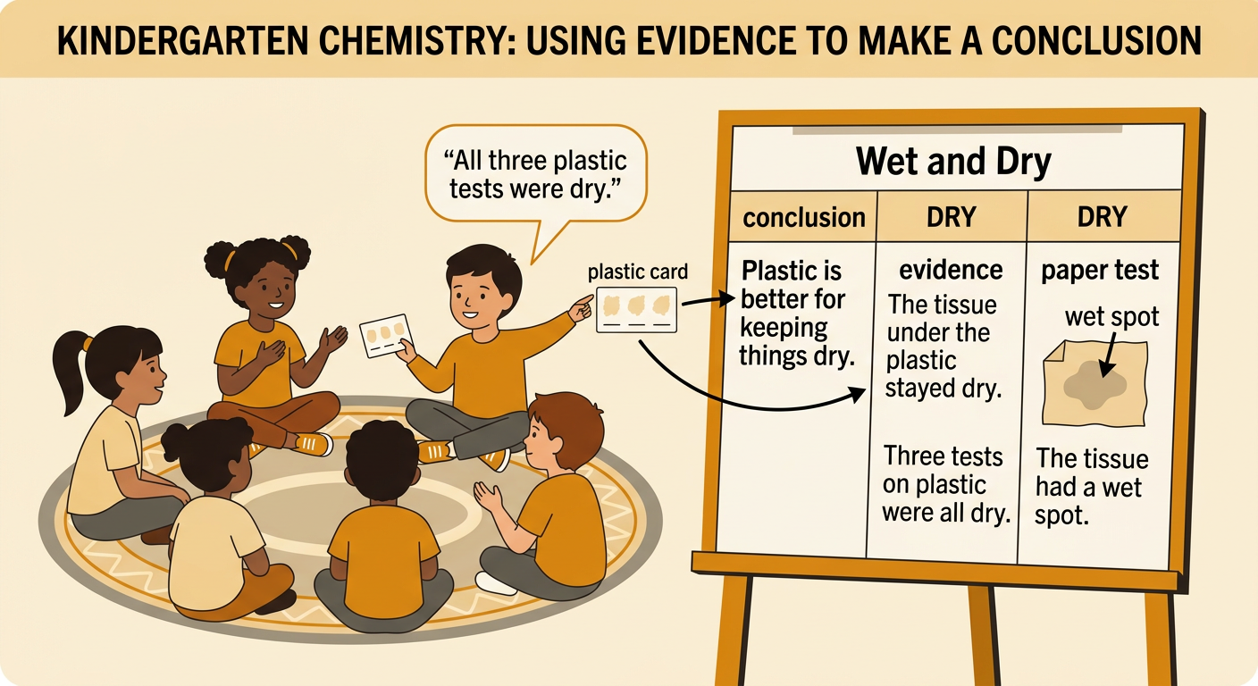 A child points to a class chart that connects a plastic conclusion with dry-test evidence and a paper test with a wet spot.
