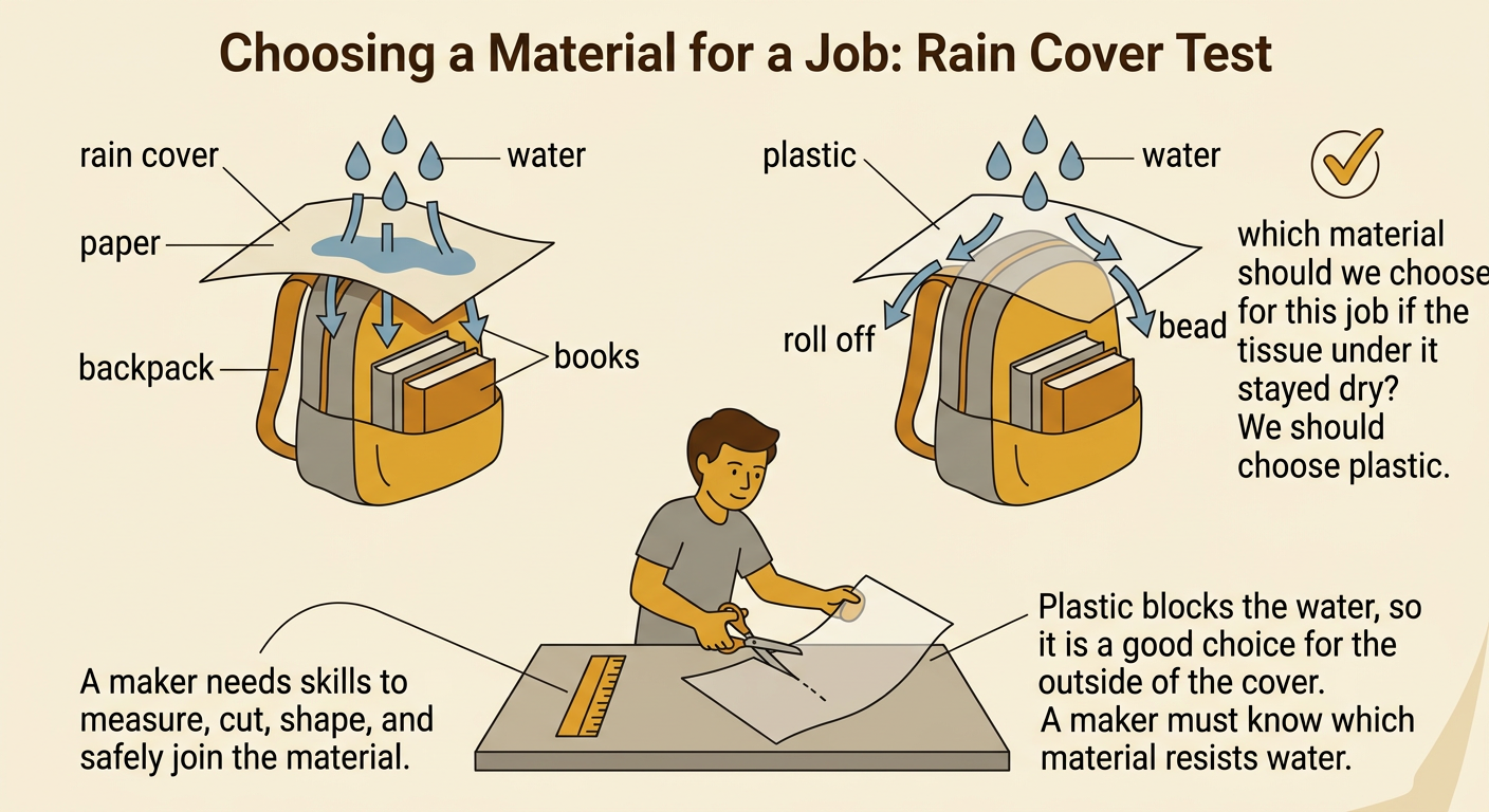 A backpack with books inside is protected by a plastic rain cover while water rolls off its surface.