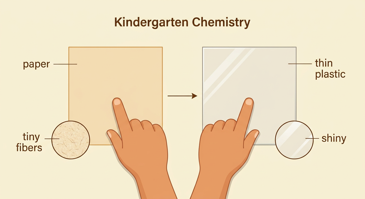 A close-up shows a piece of paper beside a shiny piece of thin plastic, with visible fibers and folded corners.