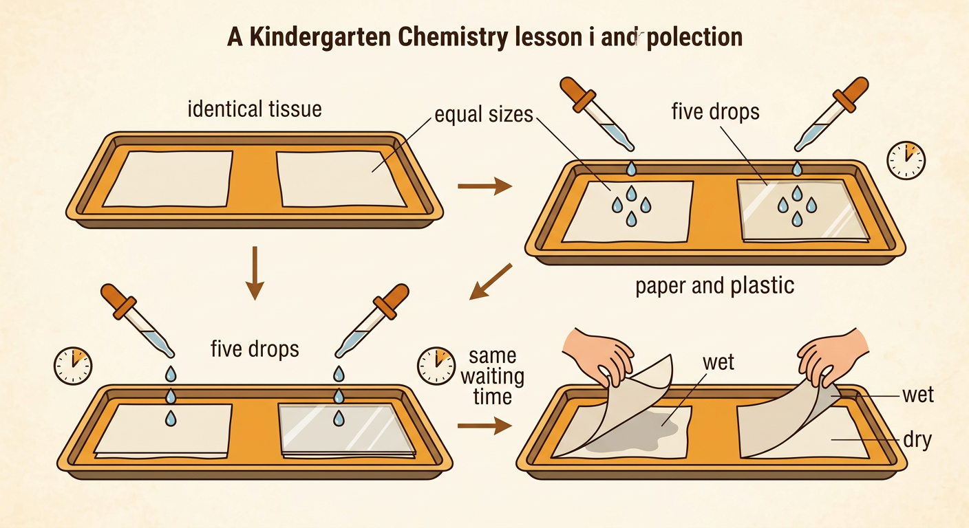 Two matching trays show equal paper and plastic squares receiving five drops before the tissues underneath are checked.
