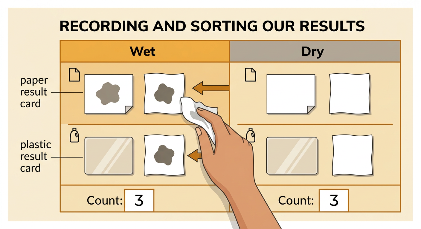 A simple sorting board shows paper result cards under Wet and plastic result cards under Dry.