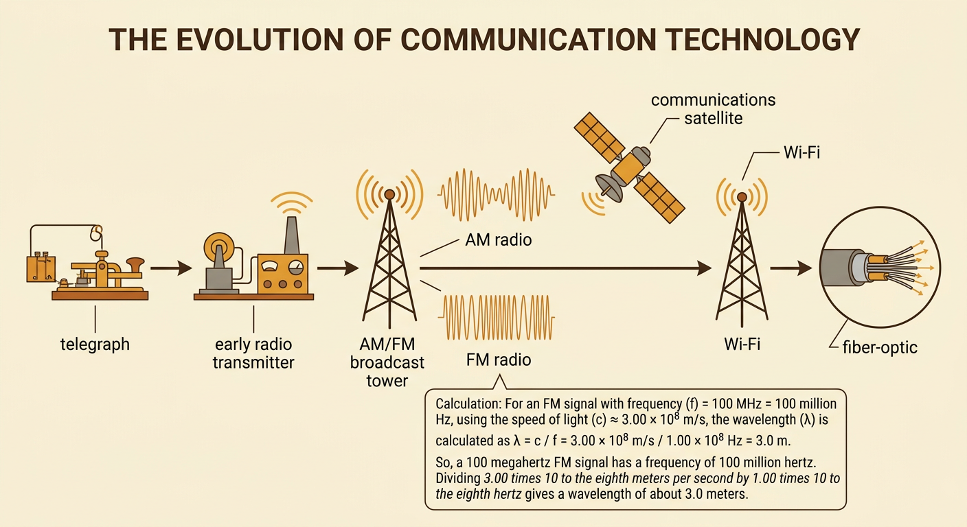A single timeline connects a wired telegraph to radio broadcasting, Wi-Fi devices, and light traveling through an optical fiber.