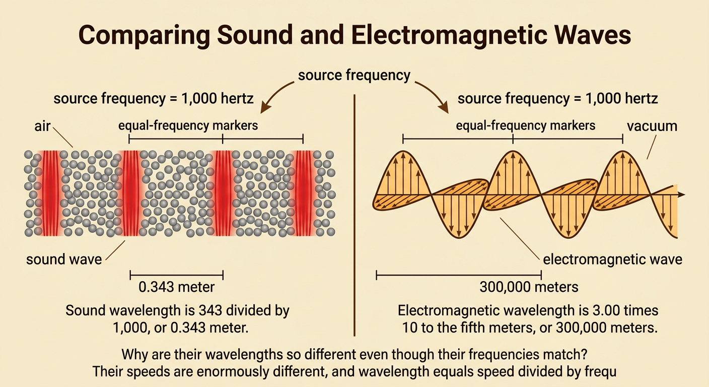 A split comparison shows a sound wave moving through air and an electromagnetic wave crossing a vacuum at the same frequency.