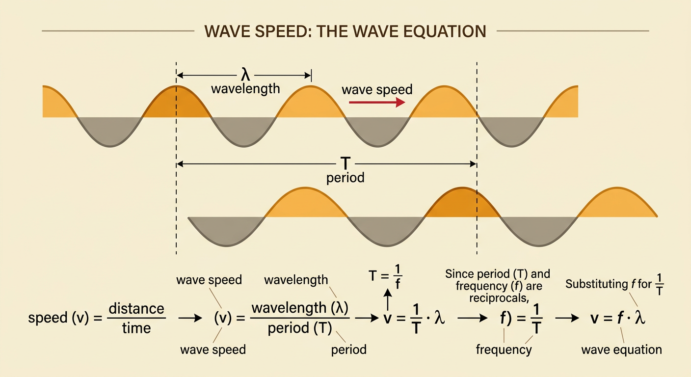 A water wave advances one wavelength during one period while a calculation shows frequency times wavelength giving wave speed.