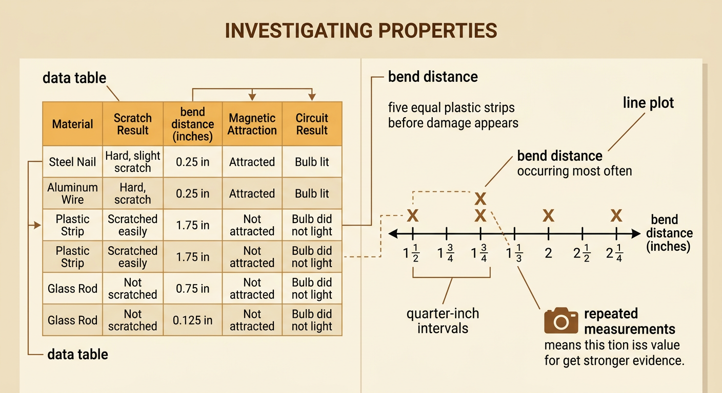 A notebook page shows a material data table beside a line plot of five bend measurements.