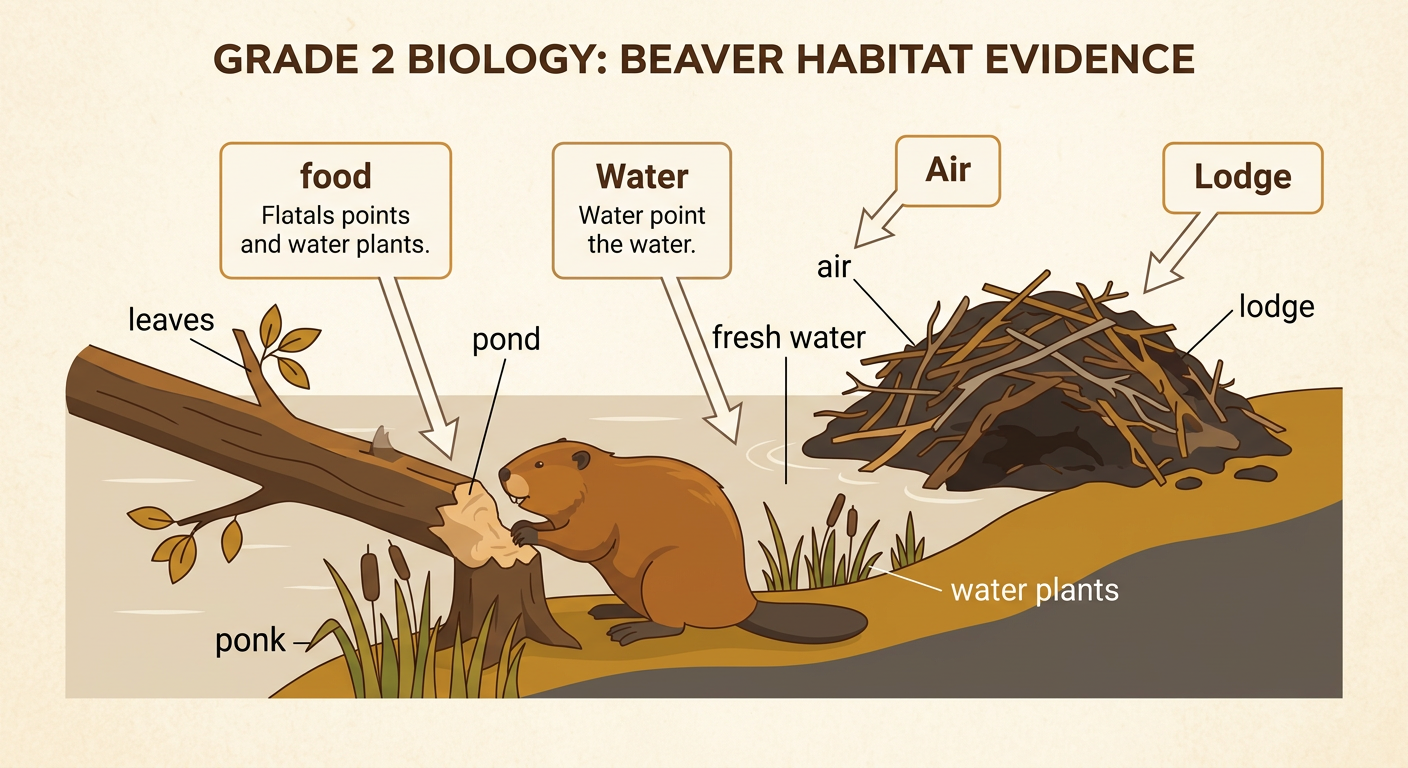A beaver pond scene shows the animal eating plants near fresh water and a branch-and-mud lodge.