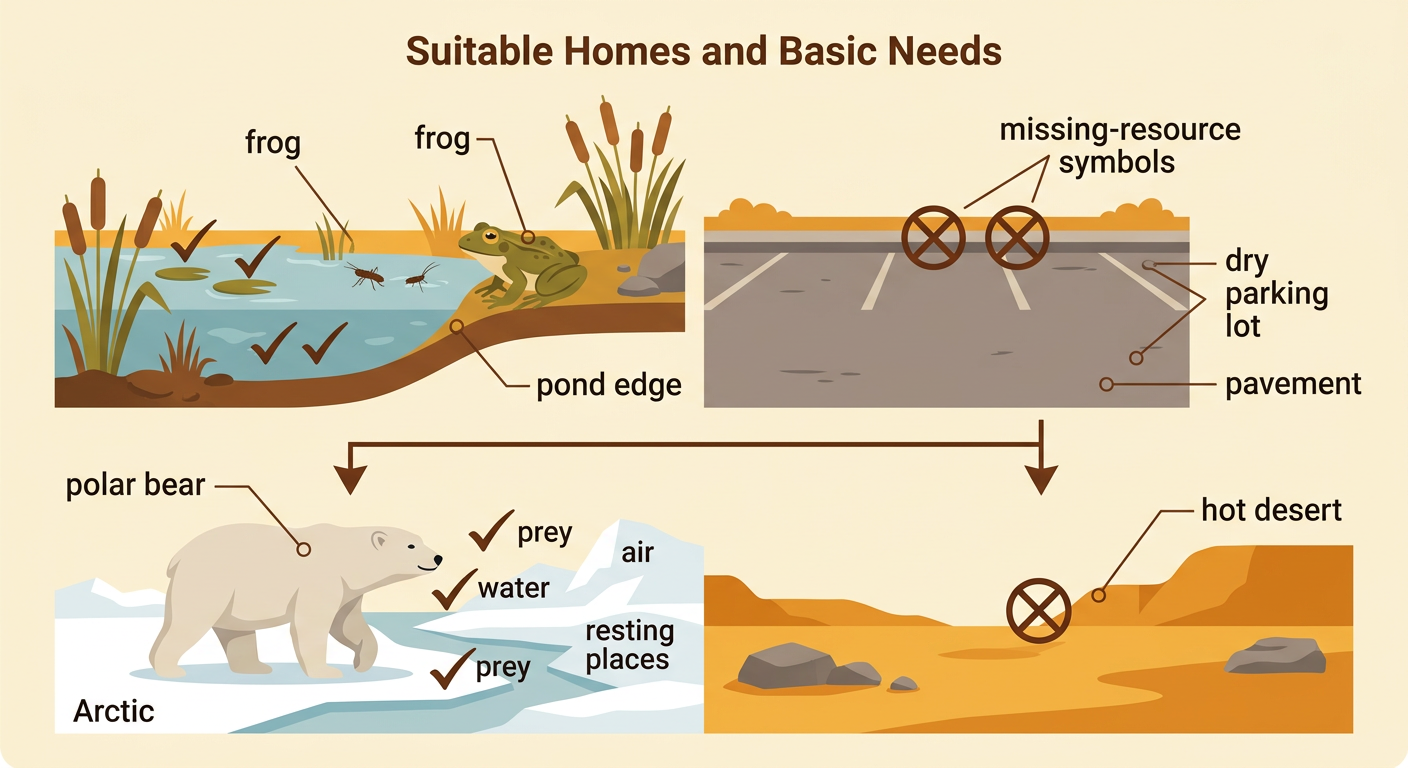 A matching scene pairs a frog with a pond edge and a polar bear with the Arctic, while showing a dry parking lot and hot desert as poor matches.