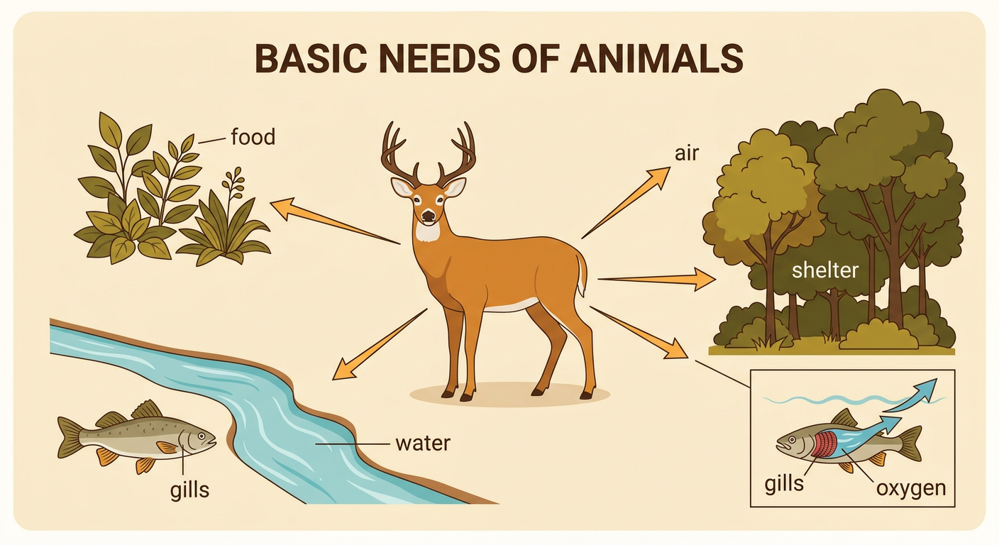 A split nature scene shows a deer by plants, a stream, and trees beside a fish eating and hiding among underwater rocks.