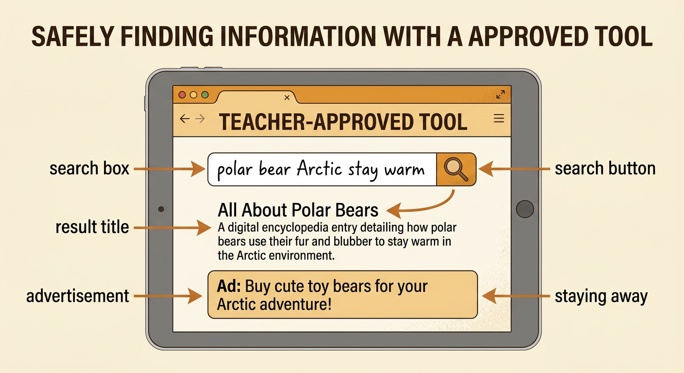 A child-safe search screen shows a search box, result titles, and a warning not to share personal information.
