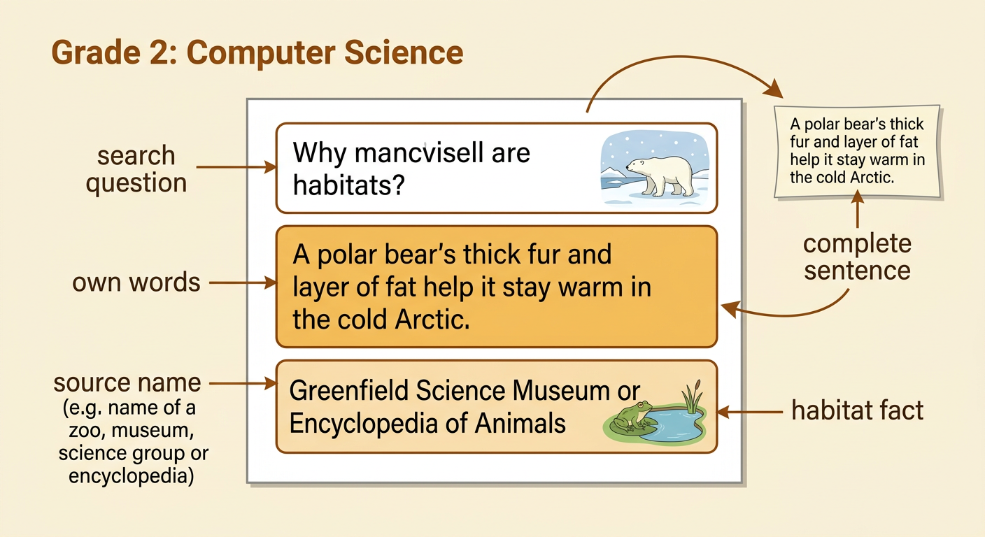 A fact card records a polar bear habitat fact in the student's own words along with the source name.