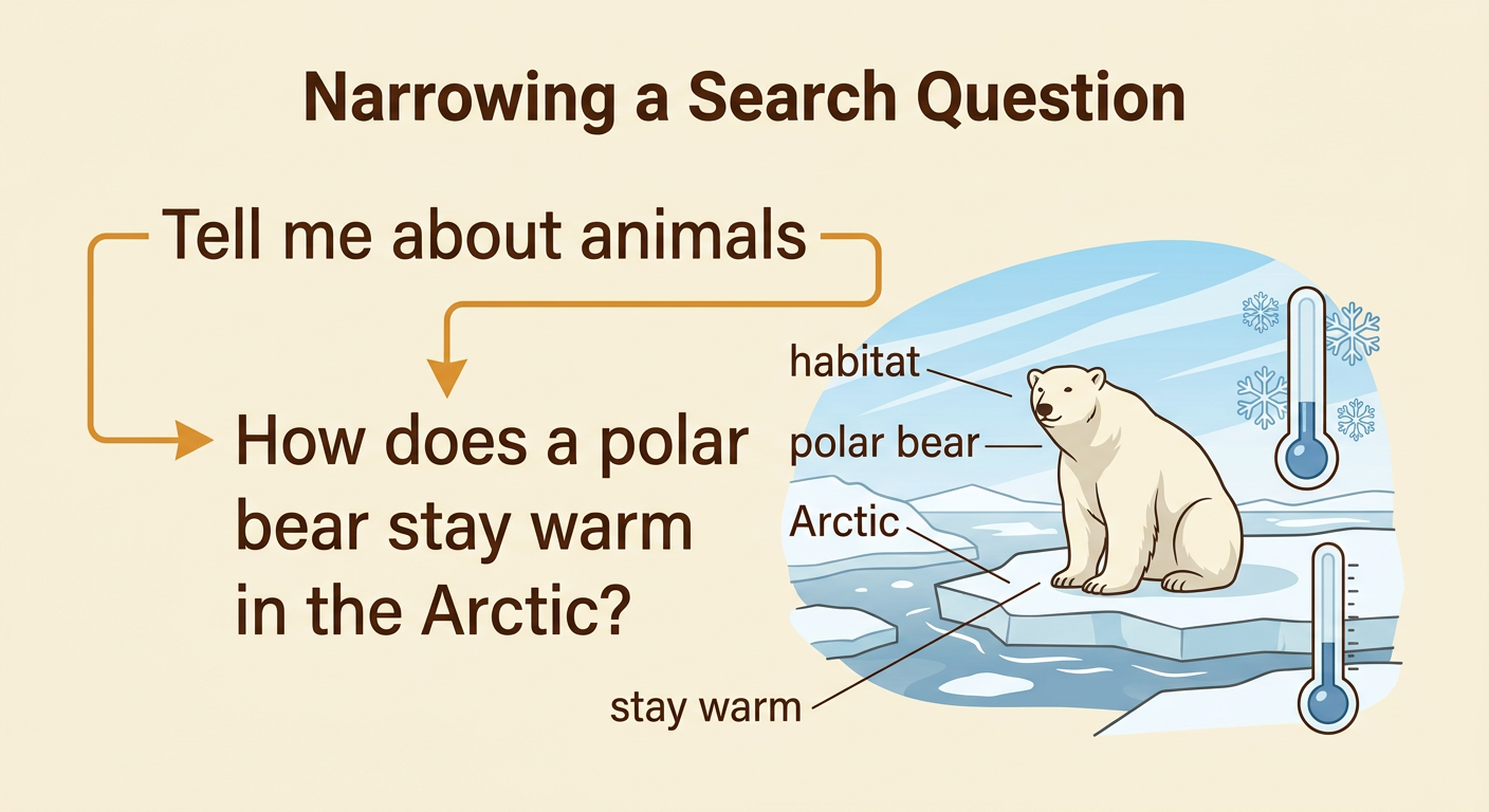 A polar bear stands on Arctic ice beside a written focused question about how it stays warm.