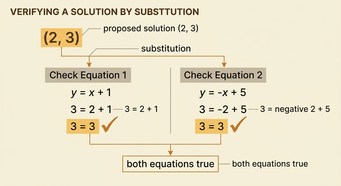 A substitution check shows (2, 3) producing true statements in both original equations.