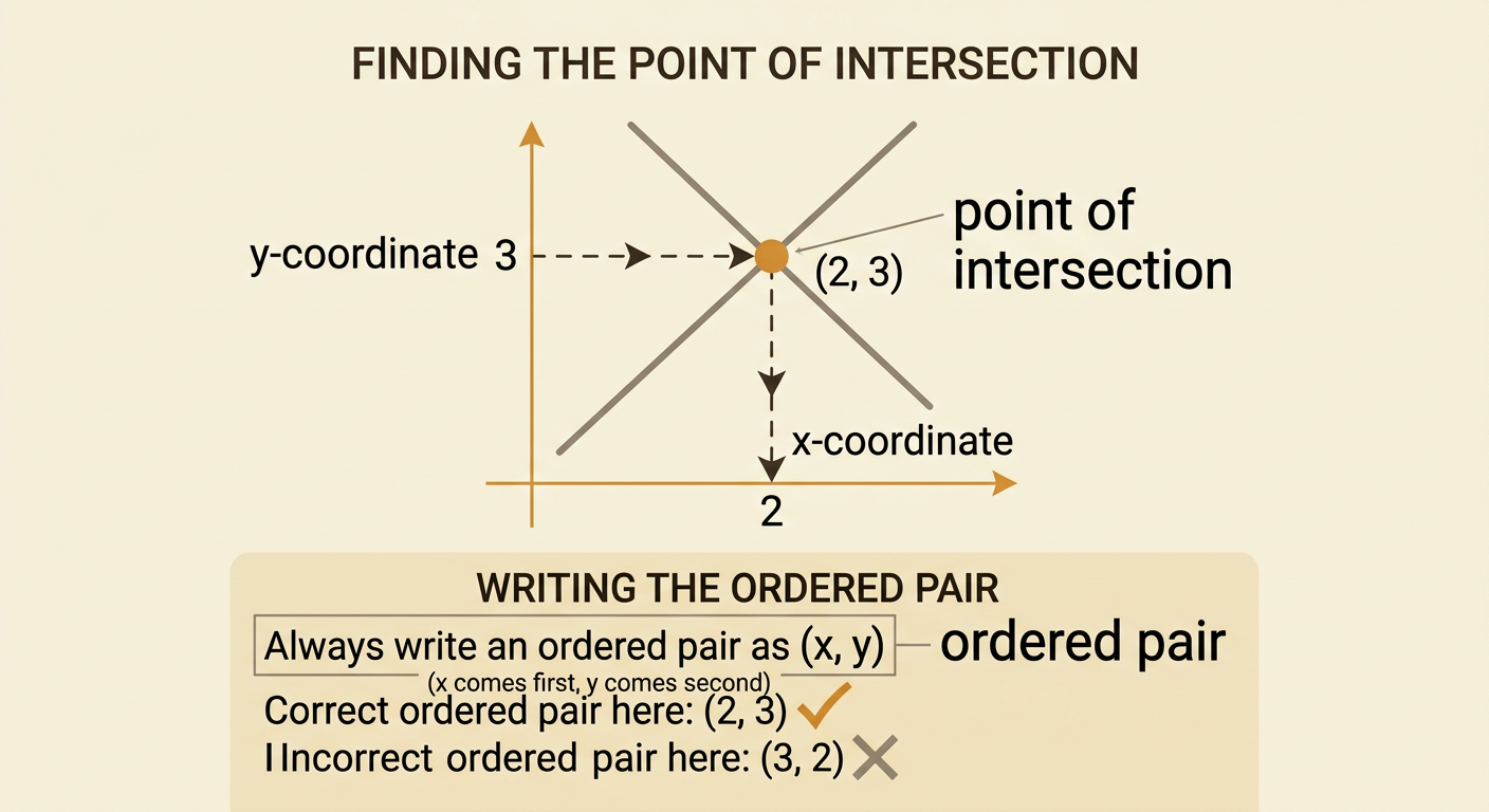 A graph highlights the intersection (2, 3) with guide lines leading to the x-axis and y-axis.