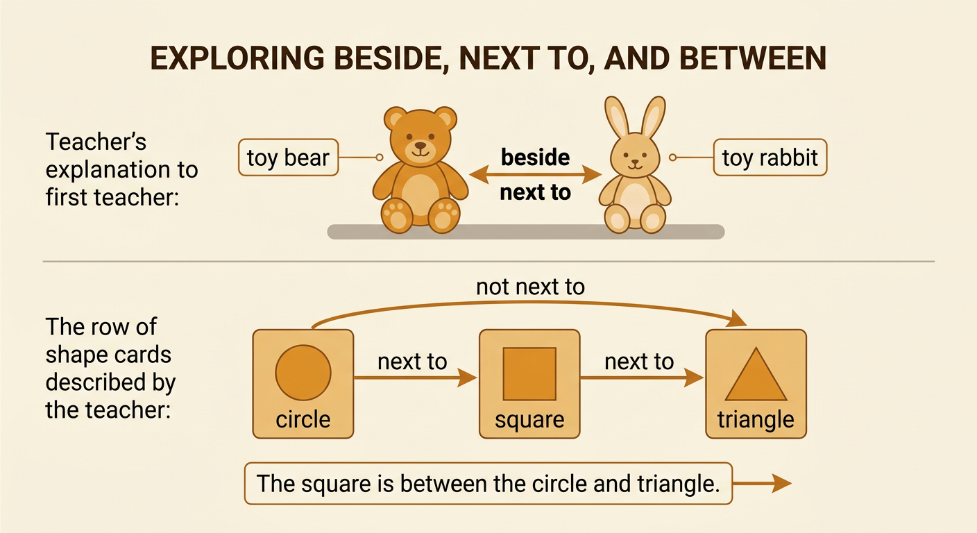 A toy bear sits beside a toy rabbit, with circle, square, and triangle cards arranged in a row nearby.