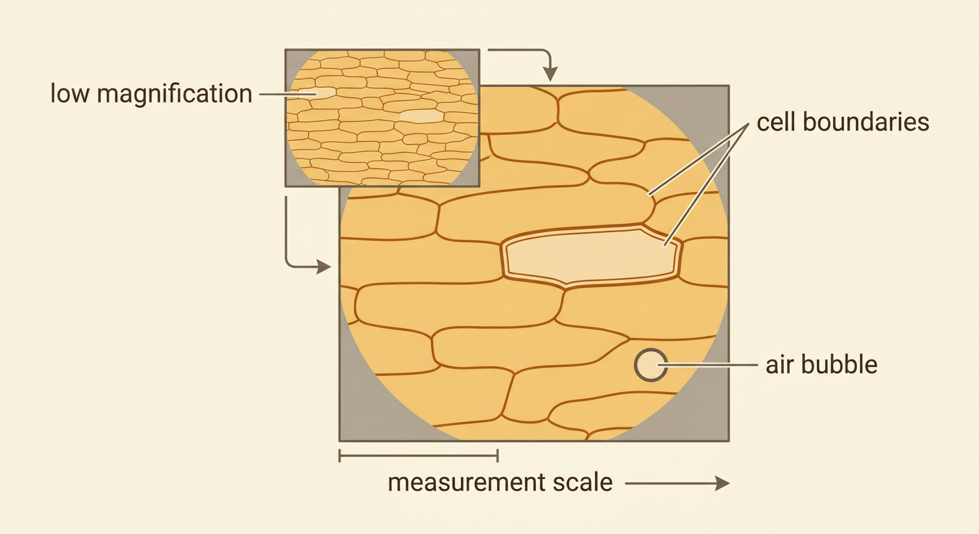 An onion skin microscope view shows repeated cell boundaries, a measurement scale, and a misleading air bubble.