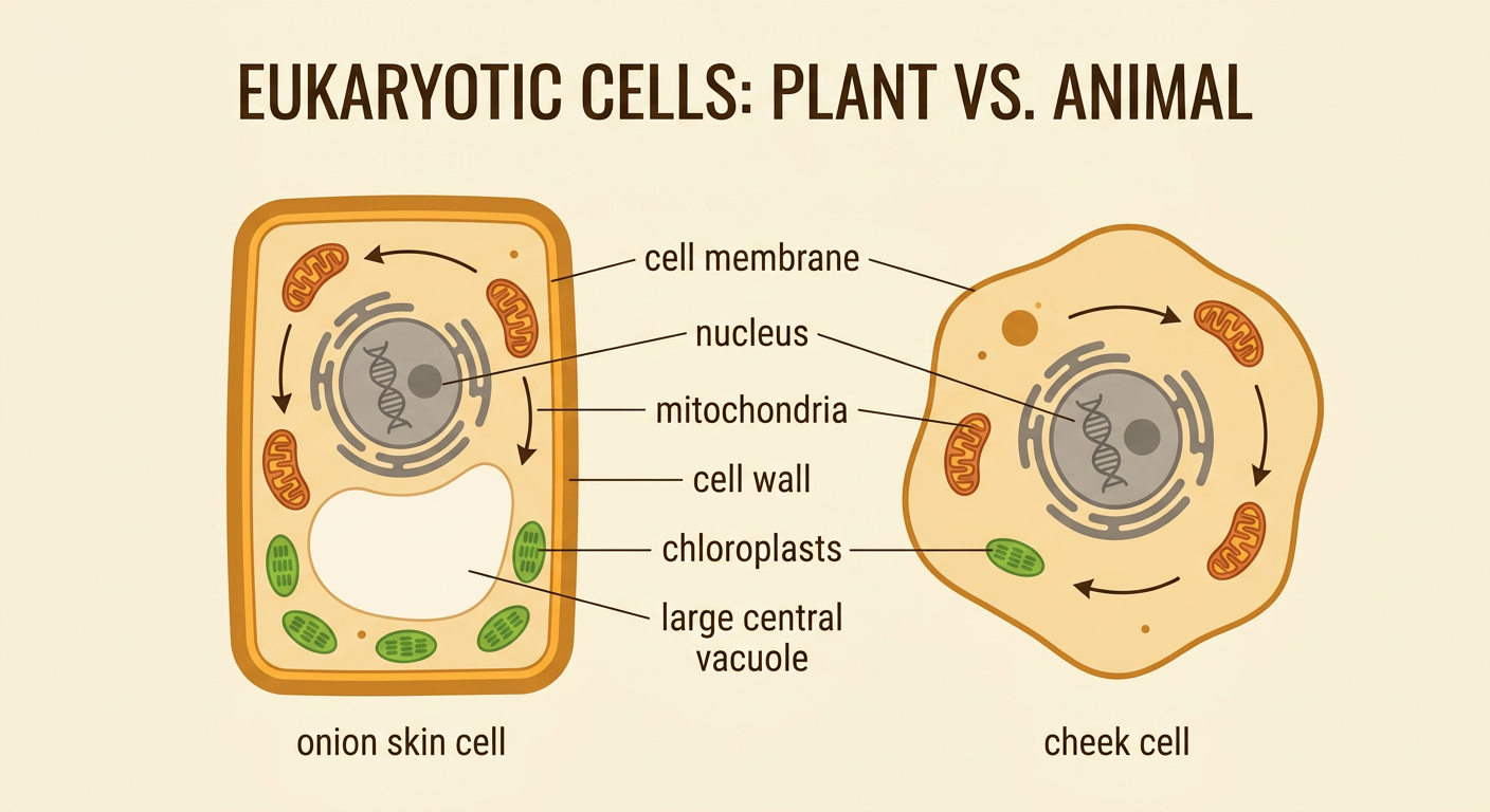 A side-by-side plant and animal cell diagram includes several imperfect or misplaced labels for students to verify.