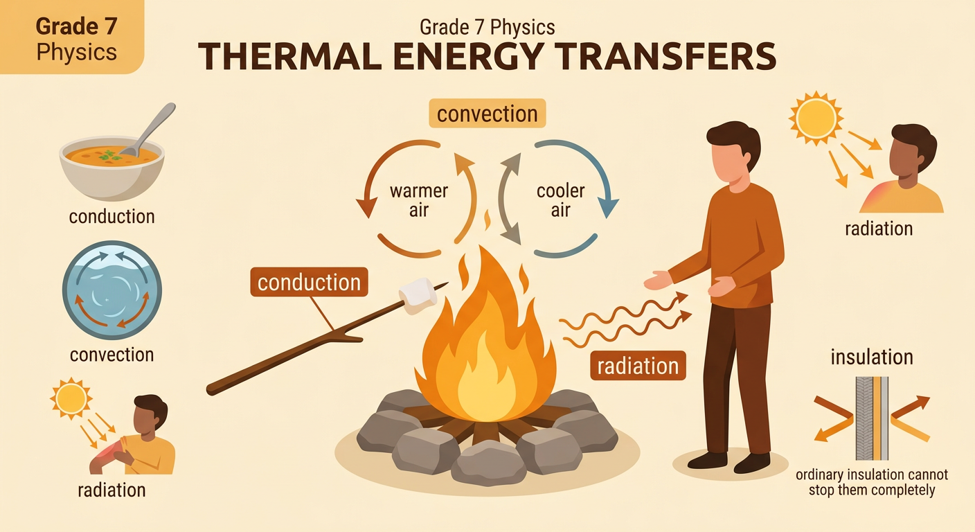 A person beside a campfire receives radiation while hot air rises by convection and a metal stick carries energy by conduction.