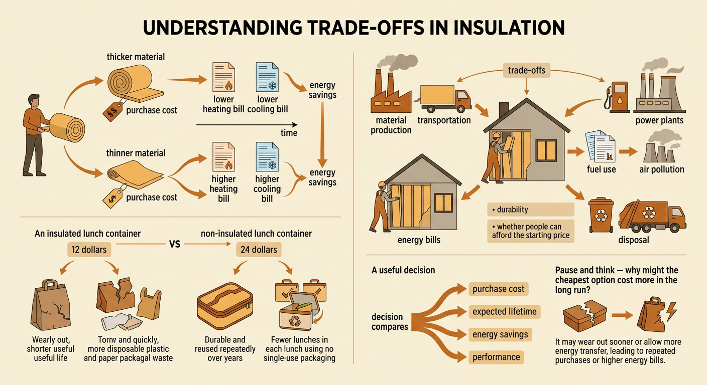 A comparison chart weighs the purchase cost, lifetime, energy savings, and performance of two insulation choices.