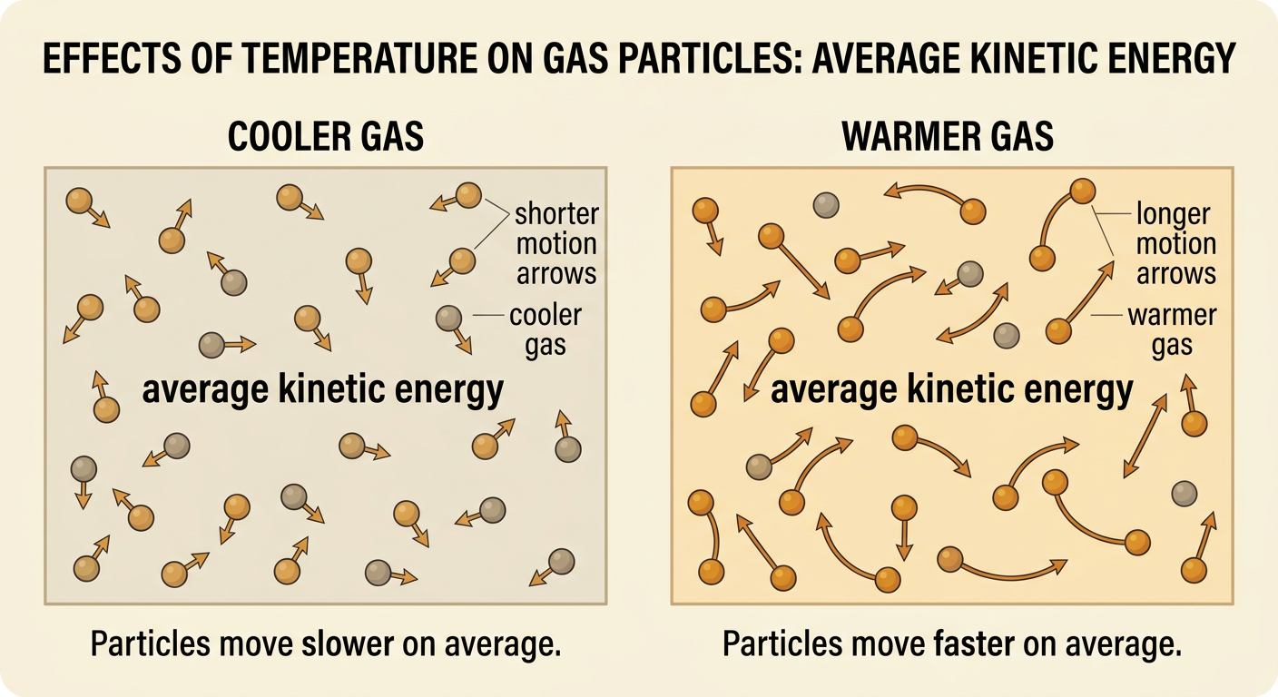Two sealed gas containers compare fast particle motion in warmer gas with slower particle motion in cooler gas.