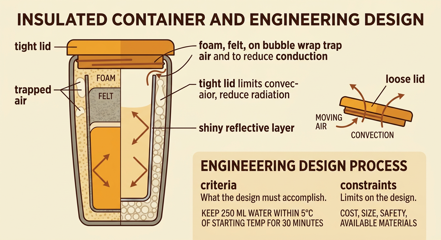 A cutaway insulated container shows trapped air, a tight lid, and a shiny layer reducing energy transfer.